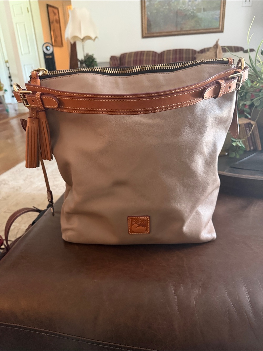 Dooney & Bourke Taupe Shoulder Bag with Tan Trim
